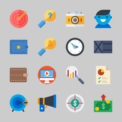 Icons about Commerce with time, pie chart, megaphone, target, user and video player