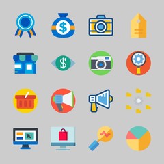 Icons about Commerce with money, quality, shopping basket, settings, online shop and tag