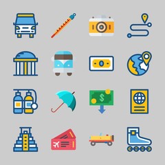 Icons about Travel with thermometer, money, route, van, passport and umbrella