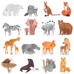 Fototapeta premium Set of different adult animals and their cubs color flat icons