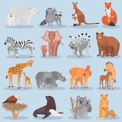Set of different adult animals and their cubs color flat icons