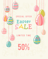 Easter sale special offer poster with eggs and spring flowers. Modern template with pastel colors.