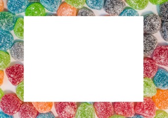 Colorful sugar jelly sweets background with white square space for text