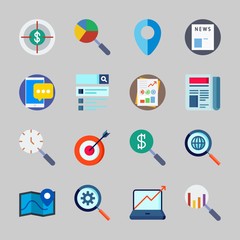 Icons about Seo with stats, location, targeting, smartphone, map and newspaper