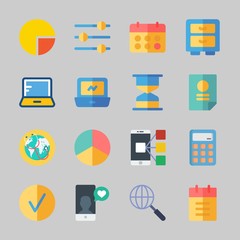 Icons about Business with worldwide, notebook, calendar, pie chart, checked and hourglass