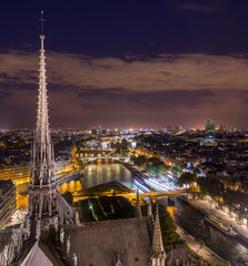 View of iluminated spire of Notre-Dame Cathedral in Paris