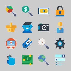 Icons about Commerce with money, tag, tap, shopping basket, photo camera and search