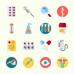 Icons about Medical with flask, drob counter, thermometer, yoga, medicine and test tubes