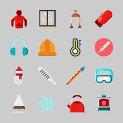Icons about Winter with pine, window, goggles, snowflake, winter hat and stove
