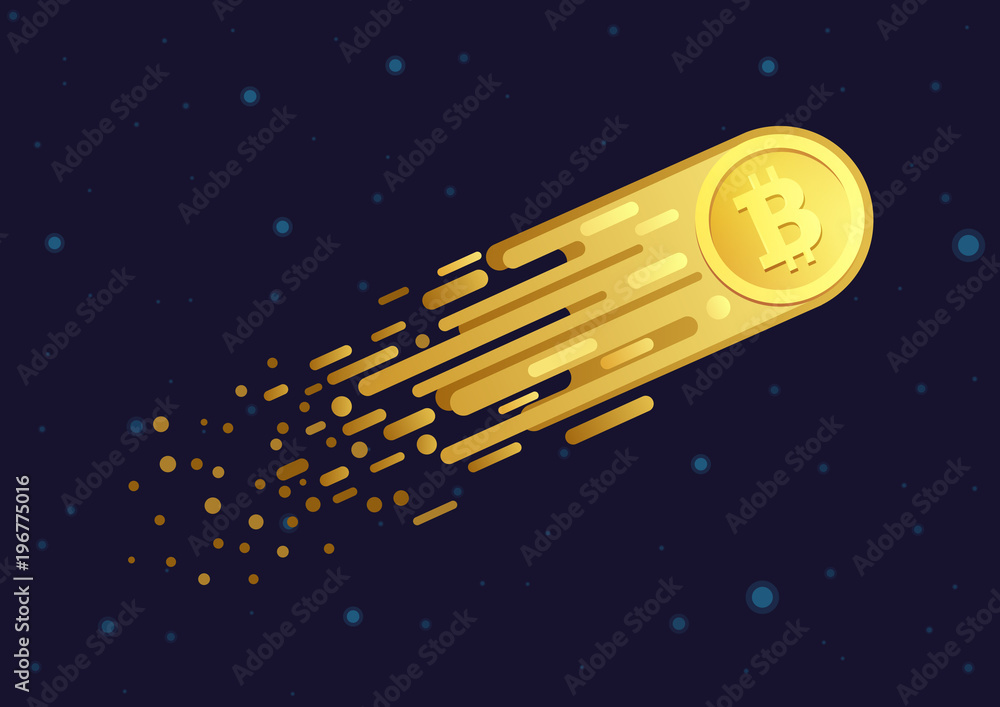 Leinwandbilder vector cartoon illustration of comet with golden bitcoin symbol flying in open galaxy space.