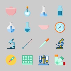 Icons about Laboratory with gas jar, microscope, thermometer, test tube, dropper and lab