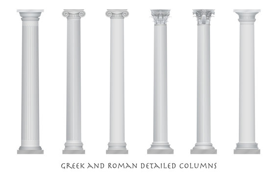 Realistic vector ancient greek rome column capitals set.