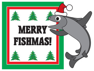 A cartoon fish in a Christmas cap is excited about the season