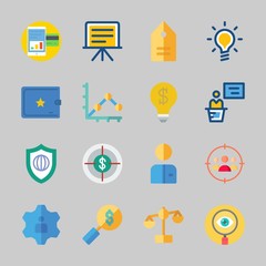 Icons about Business with worker, law, jop, balance, line graph and idea