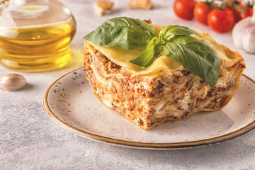 Traditional lasagna made with minced beef bolognese sauce and bechamel sauce.