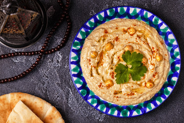 Classic hummus  on the plate.
