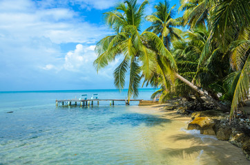 Fototapeta na wymiar Tobacco Caye - Relaxing on Wooden Pier on small tropical island at Barrier Reef with paradise beach, Caribbean Sea, Belize, Central America