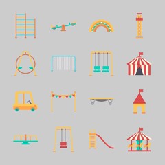 Icons about Amusement Park with jumping flore, swings, slide, toy car, carrousel and game zone