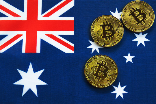 Bitcoin Gold Color on the Flag of Australia. Cryptocurrency on Background of Australian Flag