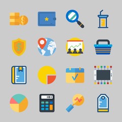 Icons about Business with shield, coins, shopping basket, location, notebook and worldwide