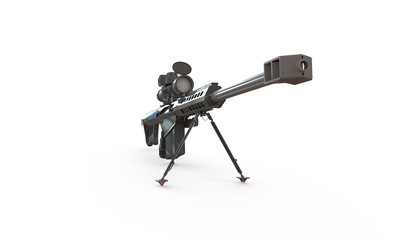 sniper rifle isolated on white. With telescopic scope standing on a  flat surface. The Rifle is load and ready to fire