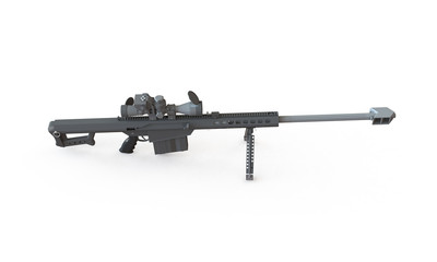 sniper rifle isolated on white. With telescopic scope standing on a  flat surface. The Rifle is load and ready to fire