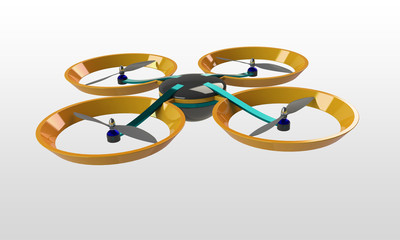 quadcopter 3d model isolated on white. a multicopter multirotor design. The blades are black the arms red and the body blue. There is a camera uo the bottom side covered with black glass