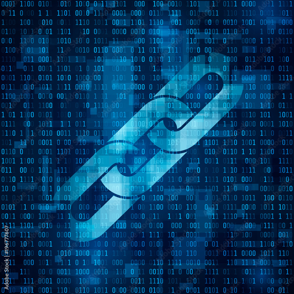 Poster Chain symbol. Blockchain hyperlink symbol on binary code. Abstract blue matrix background. Number big data flow information. Cryptocurrency and blockchain business concept. Vector illustration