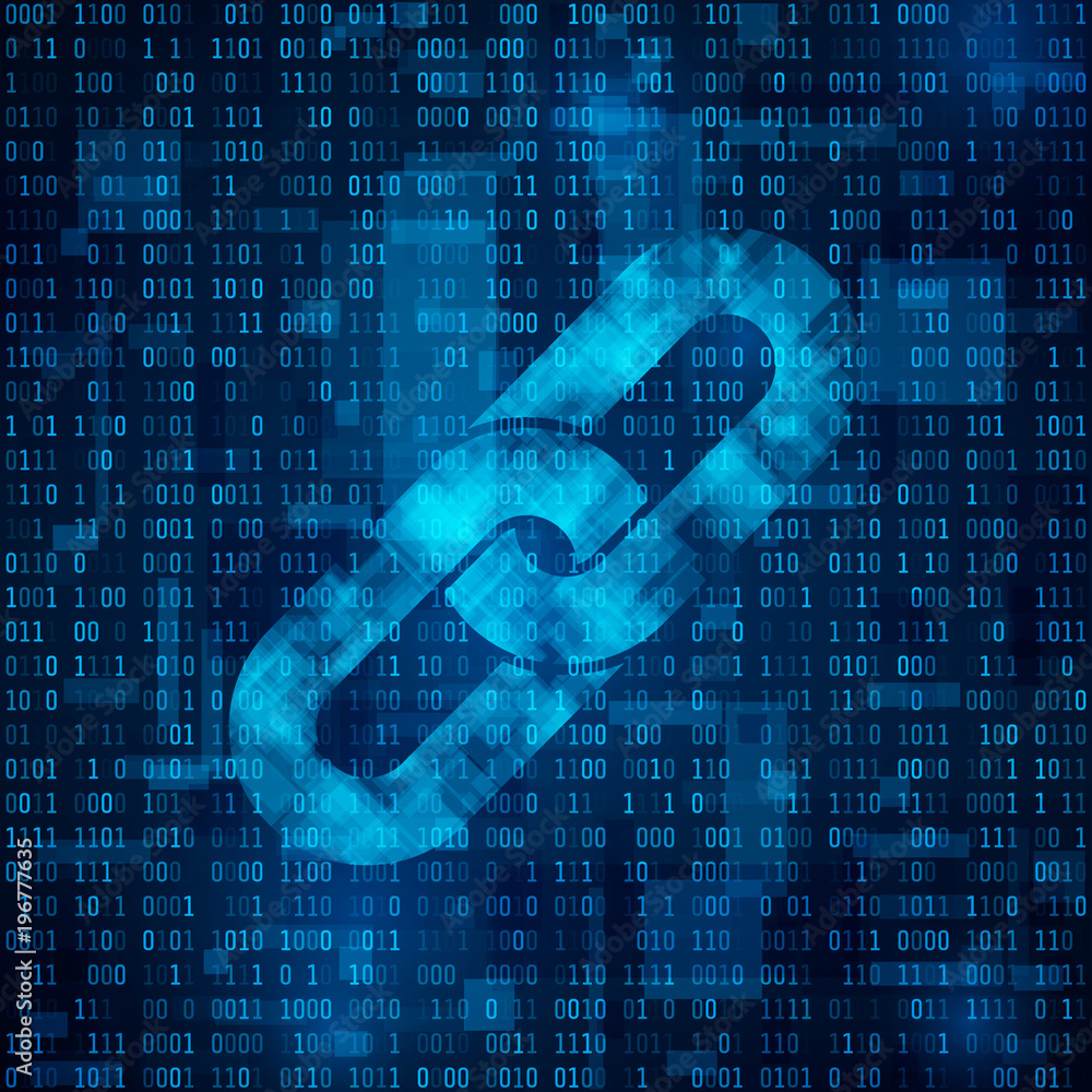 Poster blockchain hyperlink symbol on binary code. chain symbol on abstract blue matrix background. number 