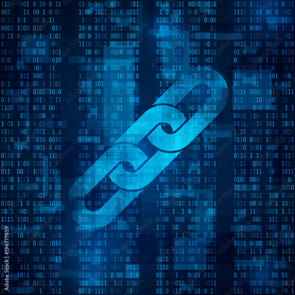 Poster blockchain hyperlink symbol on binary code. abstract blue matrix background. number big data flow in