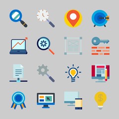 Icons about Seo with devices, archive, quality, keywords, idea and search engine
