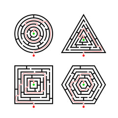 Set of Labyrinth Different Shapes for Game with with the marker correct route. Maze square, round, hexagon and triangle puzzle riddle logic game concept. Business sign. Vector illustration isolated