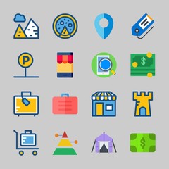 Icons about Travel with shop, parking, pizza, tower, money and smartphone