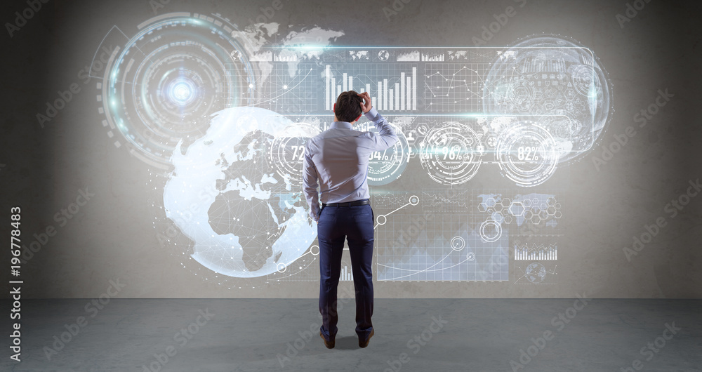 Poster Businessman using graph screens interface on a wall 3D rendering