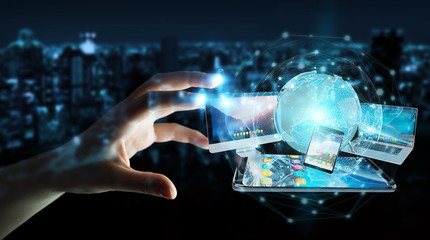 Businessman connecting tech devices and icons applications 3D rendering