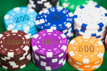 Poker chips on table in casino