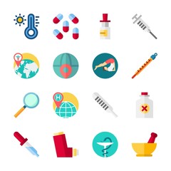 icon Medical with pill, inhaler, pills, thermometer and pipette