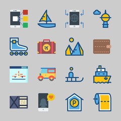 Icons about Travel with parking, wallet, car, skyscraper, smartphone and plane