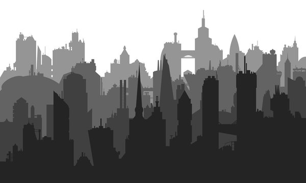 Vector image of city buildings with many different elements.