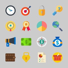 Icons about Commerce with time, target, search, padlock, wallet and shopping basket