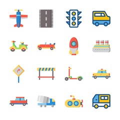 Fototapeta na wymiar icon Transportation with plane, truck, submarine, road sing and sport car