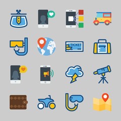 Icons about Travel with purse, smartphone, car, ticket, motorbike and telescope