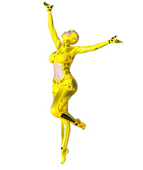 Dancing robot woman. Yellow metal droid with woman's face. Artificial Intelligence. Conceptual fashion art. Realistic 3D render illustration. Studio, isolate, high key.