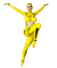 Dancing robot woman. Yellow metal droid with woman's face. Artificial Intelligence. Conceptual fashion art. Realistic 3D render illustration. Studio, isolate, high key.