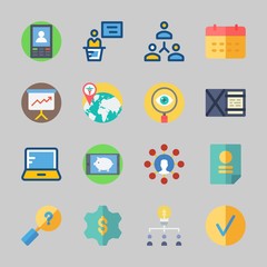 Icons about Business with gear, search, laptop, checked, wallet and smartphone