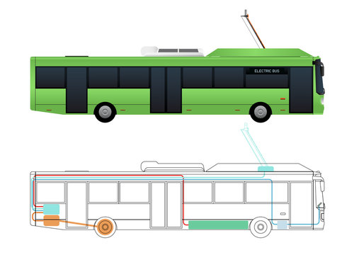 Scheme of the elements of the electric bus. Vector illustration