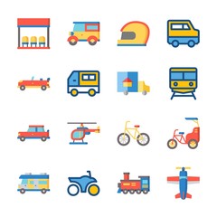 icon Transportation with train, bike, plane, helmet and bus stop