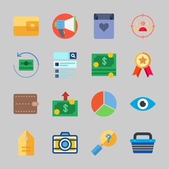 Icons about Commerce with shopping basket, tag, wallet, target, megaphone and vision