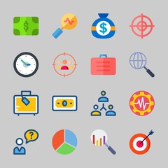 Icons about Commerce with suitcase, target, settings, networking, targeting and time