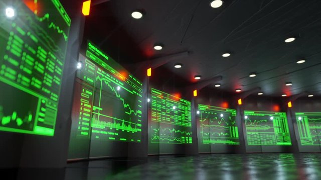 Low angle shot of holographic screens showing real time stock market data of blockchain based crypto currencies like Monero, Bitcoin, Litecoin, Ethereum, etc.